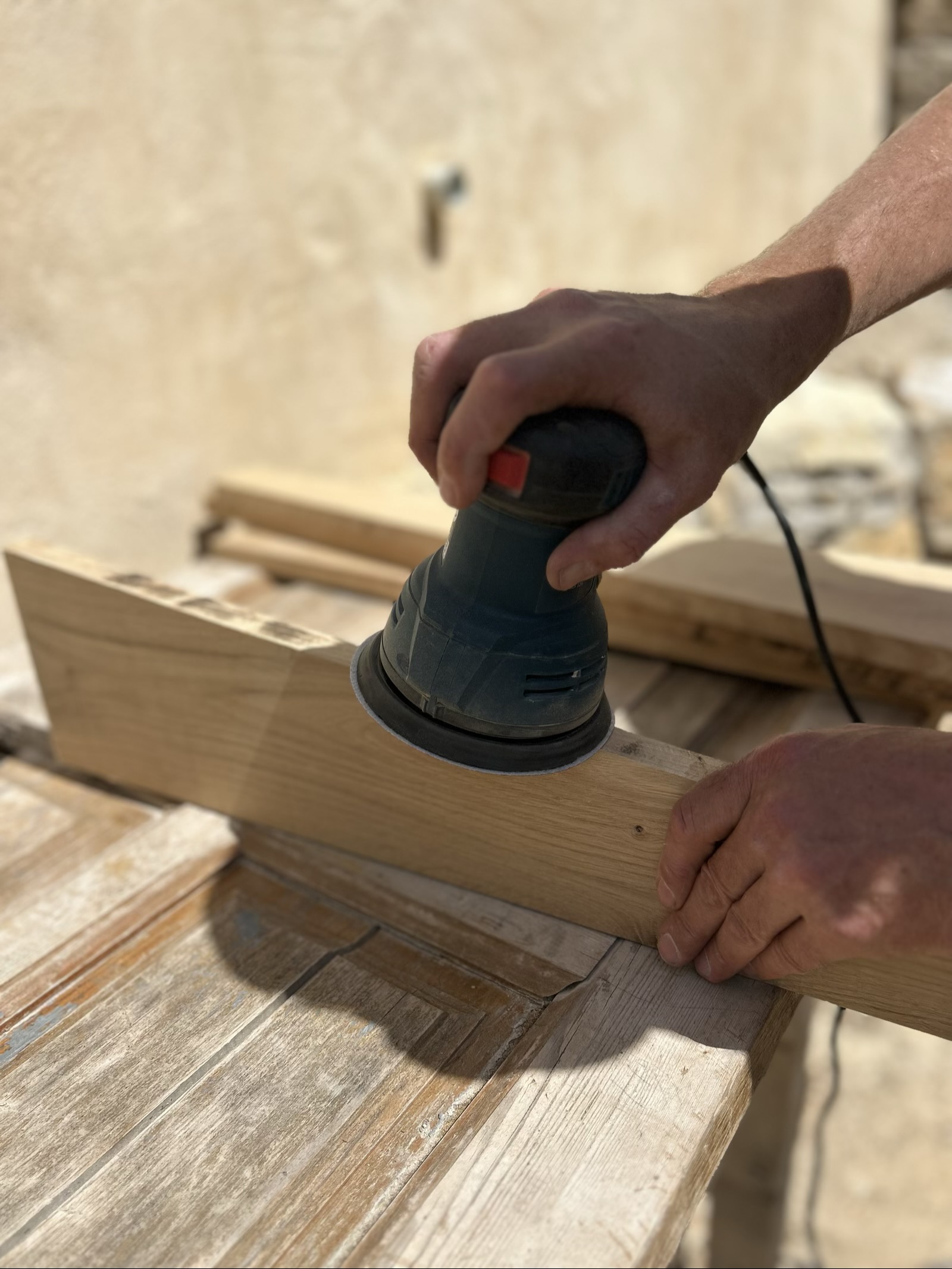 Hand-built oak unit — close-up of end grain and joinery